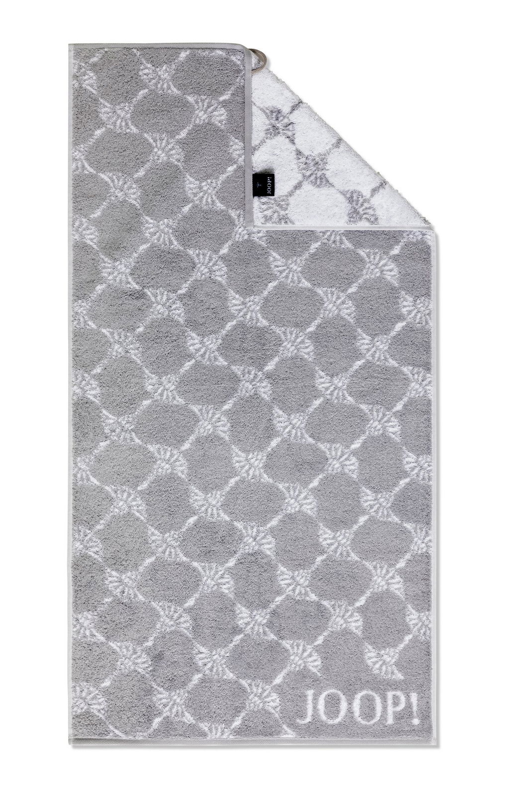 JOOP! Handtuch CORNFLOWER CLASSIC Graues Handtuch mit geometrischem Muster und JOOP!-Logo, von oben fotografiert.