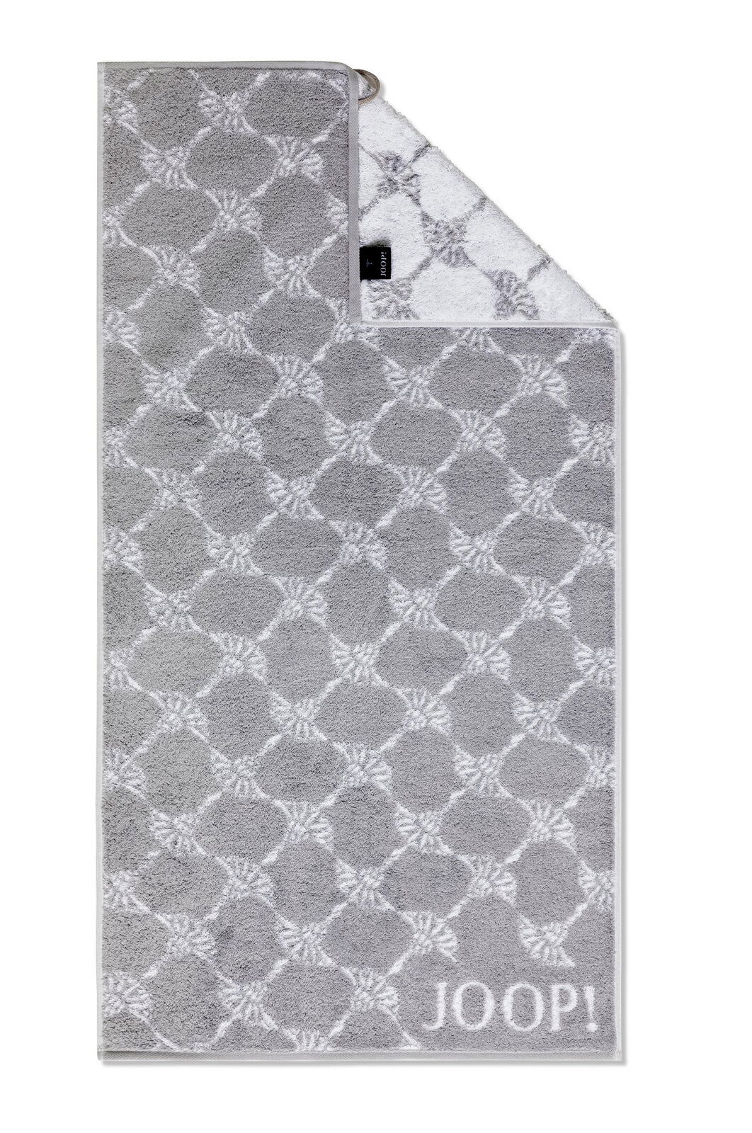 JOOP! Handtuch CORNFLOWER CLASSIC Graues Handtuch mit geometrischem Muster und JOOP!-Logo, von oben fotografiert.