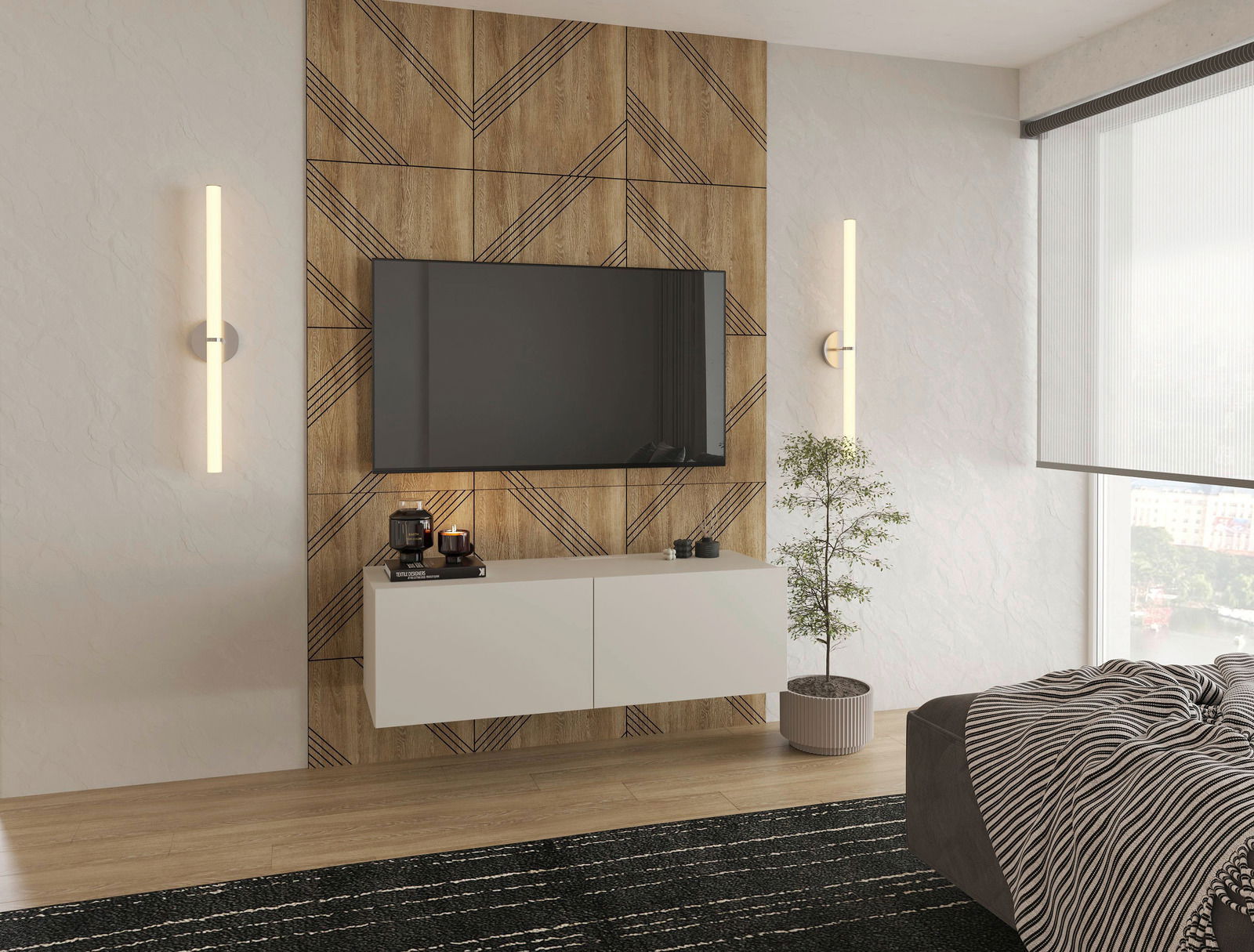Modernes TV-Hängelowboard in einem stilvollen Wohnzimmer, frontal betrachtet, mit Wandbeleuchtung und dekorativen Elementen.