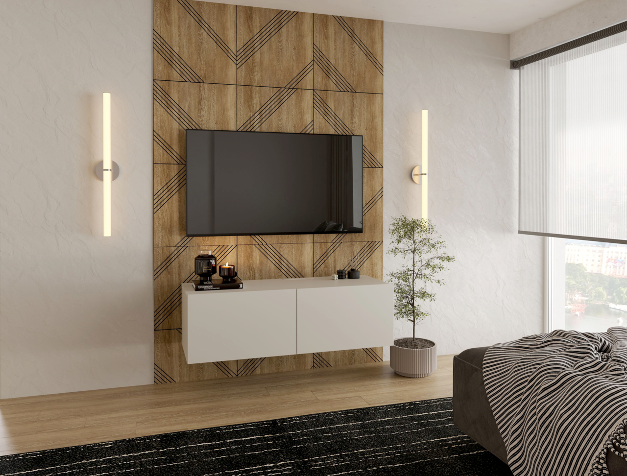 Hom´in TV-Hängelowboard NEWNIQ Modernes TV-Hängelowboard in einem stilvollen Wohnzimmer, frontal betrachtet, mit Wandbeleuchtung und dekorativen Elementen.