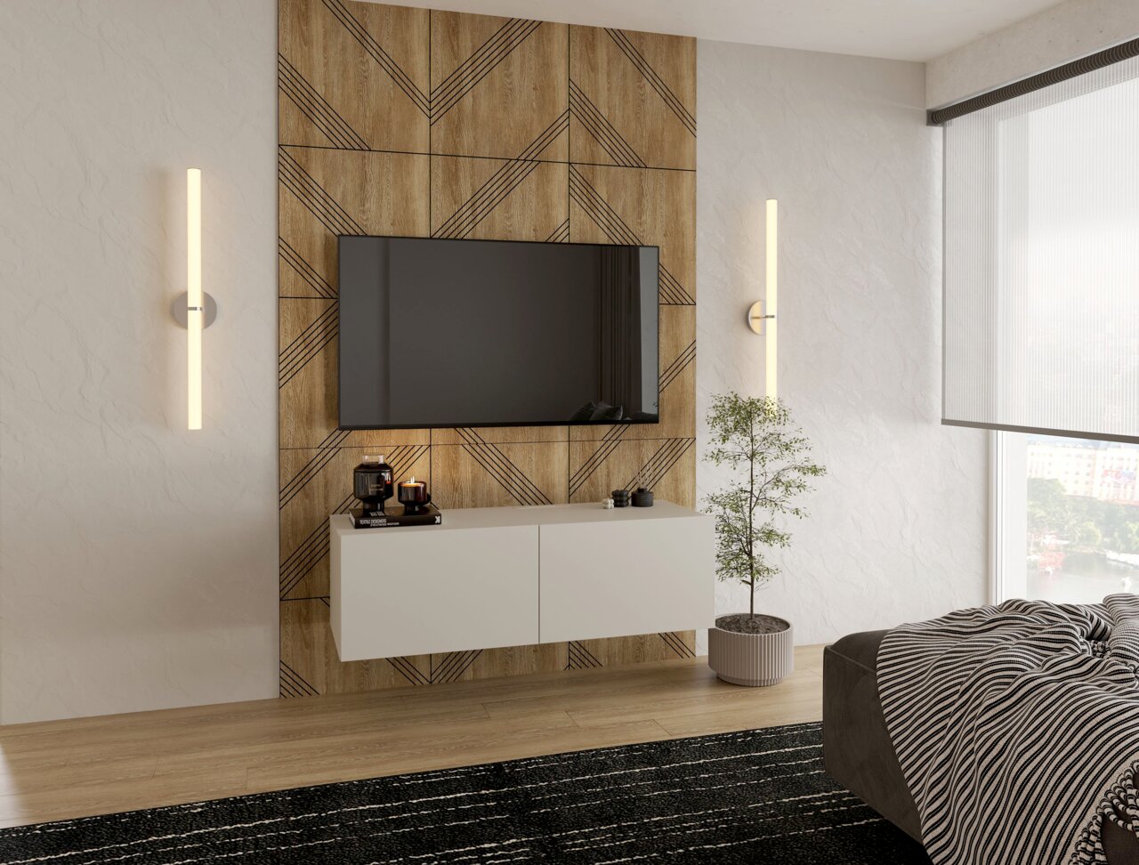 Hom´in TV-hangkast NEWNIQ Modern hangend tv-meubel in een stijlvolle woonkamer, gezien vanaf de voorkant, met wandverlichting en decoratieve elementen.
