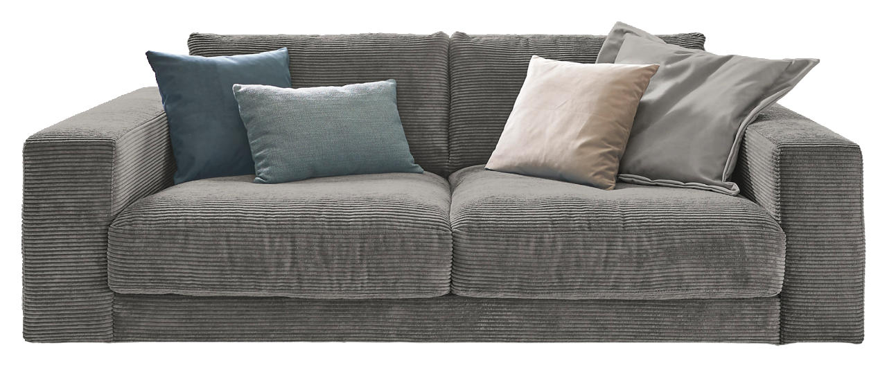 Lounge Handmade Sofa 2-Sitzer LH-SAMBIA Graues 2-Sitzer-Sofa mit Kordbezug, dekoriert mit vier Kissen in verschiedenen Farben, Frontalansicht.