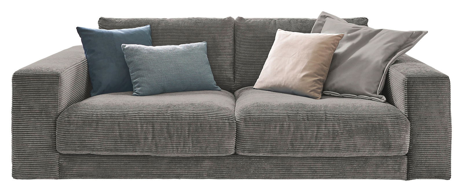 Graues 2-Sitzer-Sofa mit Kordbezug, dekoriert mit vier Kissen in verschiedenen Farben, Frontalansicht.