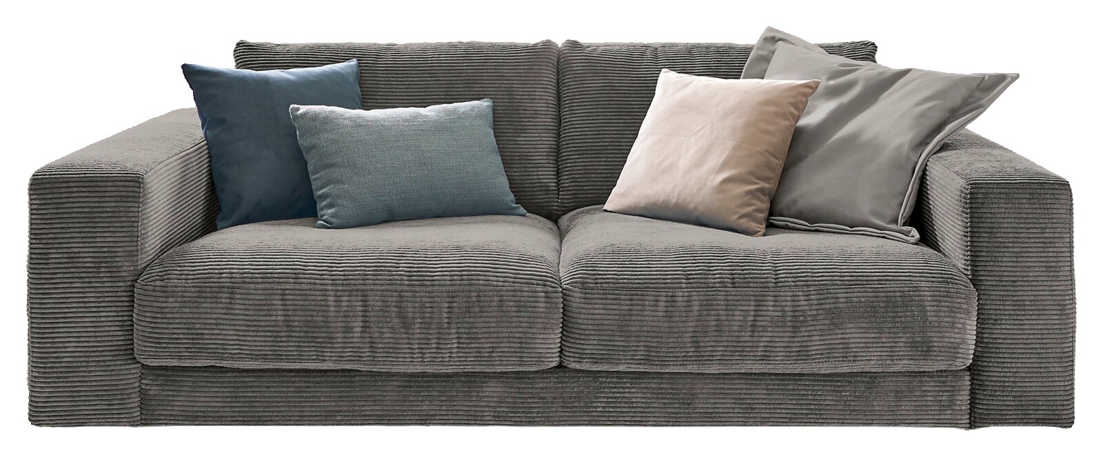 Grijze tweezitsbank met corduroy bekleding, versierd met vier kussens in verschillende kleuren, gezien van voren.