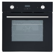 Frontansicht eines modernen schwarzen Einbaubackofens mit Edelstahlgriffen und digitalem Display.