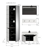 Maßgrafik eines weißen Garderoben-Sets: hoher Schrank mit geöffneten Türen und Fächern (ca. 65×190×37 cm), Wandregal (70×50 cm), Wandpaneel mit Haken (80×23×27 cm) und Schuhbank mit geöffneten Türen (80×45×37 cm), Frontansicht mit eingezeichneten Innenmaß