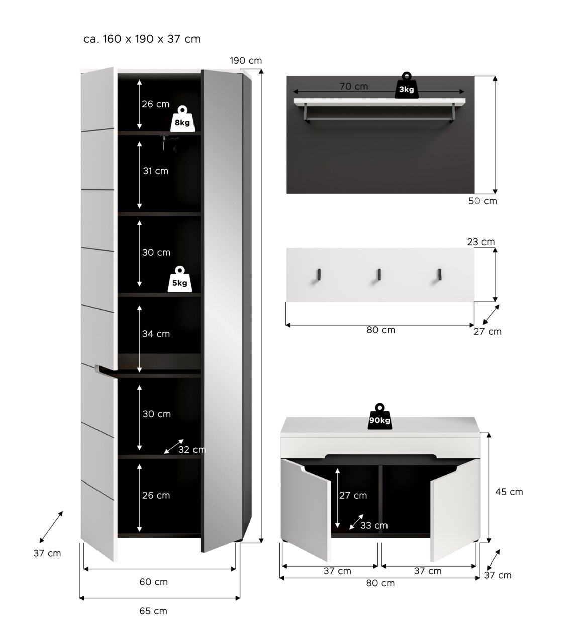 Maßgrafik eines weißen Garderoben-Sets: hoher Schrank mit geöffneten Türen und Fächern (ca. 65×190×37 cm), Wandregal (70×50 cm), Wandpaneel mit Haken (80×23×27 cm) und Schuhbank mit geöffneten Türen (80×45×37 cm), Frontansicht mit eingezeichneten Innenmaß