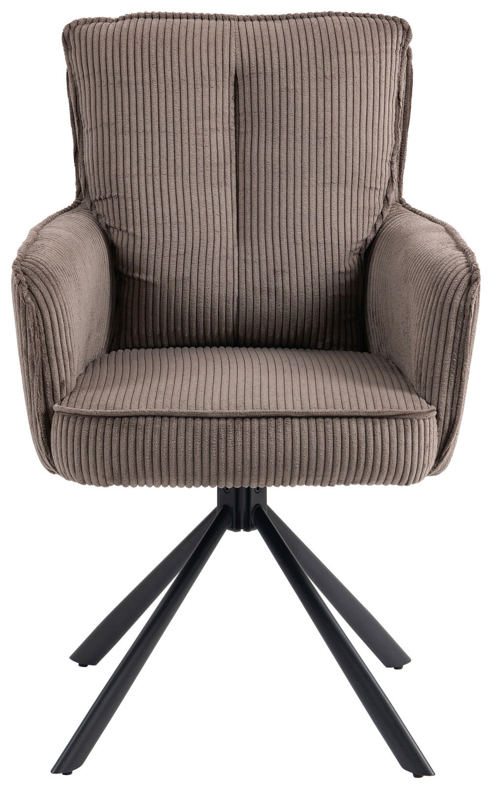 Vordersicht eines modernen Sessels mit geripptem Stoffbezug und schwarzen Metallbeinen
