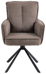 Vordersicht eines modernen Sessels mit geripptem Stoffbezug und schwarzen Metallbeinen