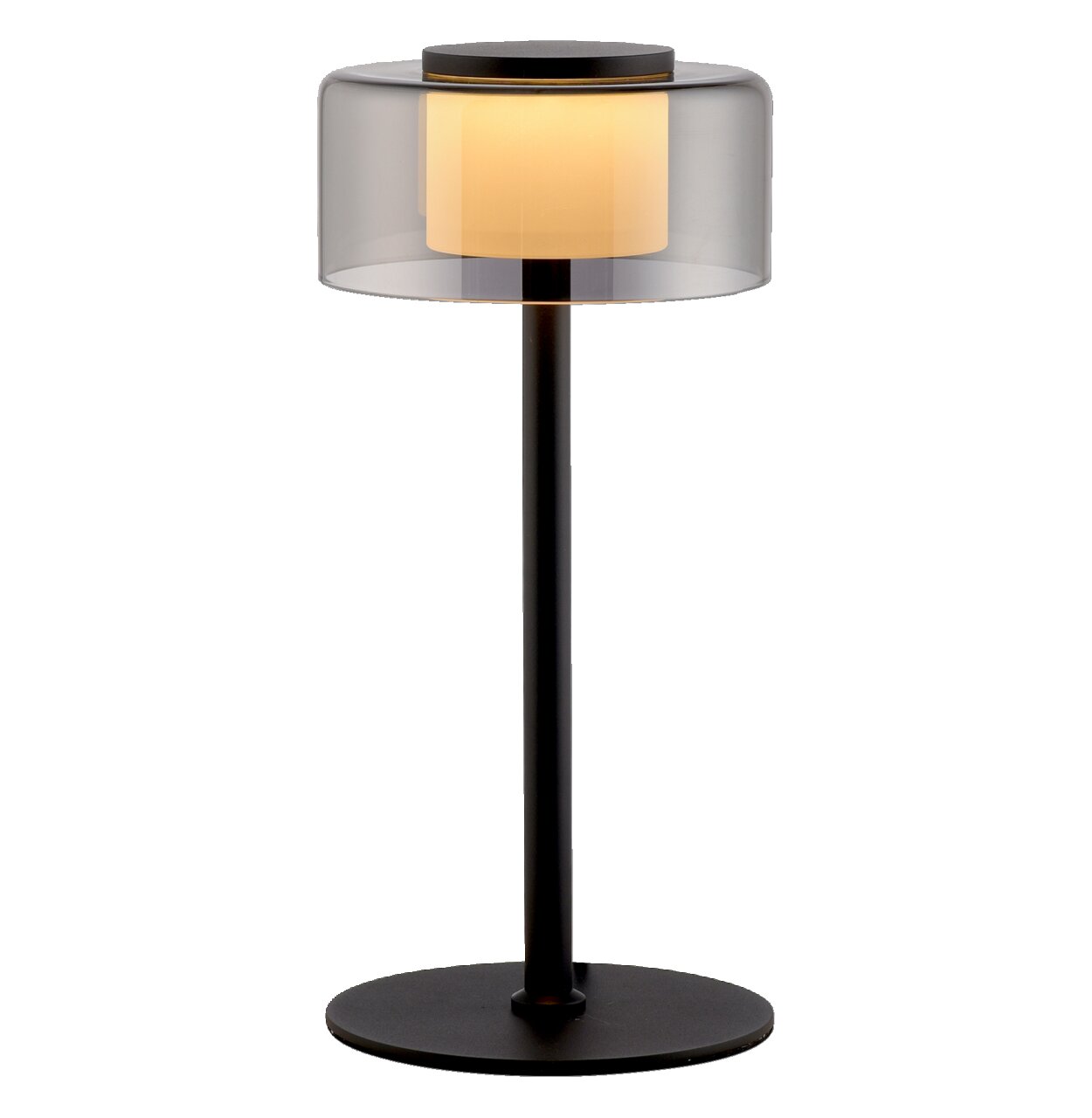 Moderne Tischleuchte RIKA mit schwarzem Standfuß und transparentem Lampenschirm, seitliche Perspektive