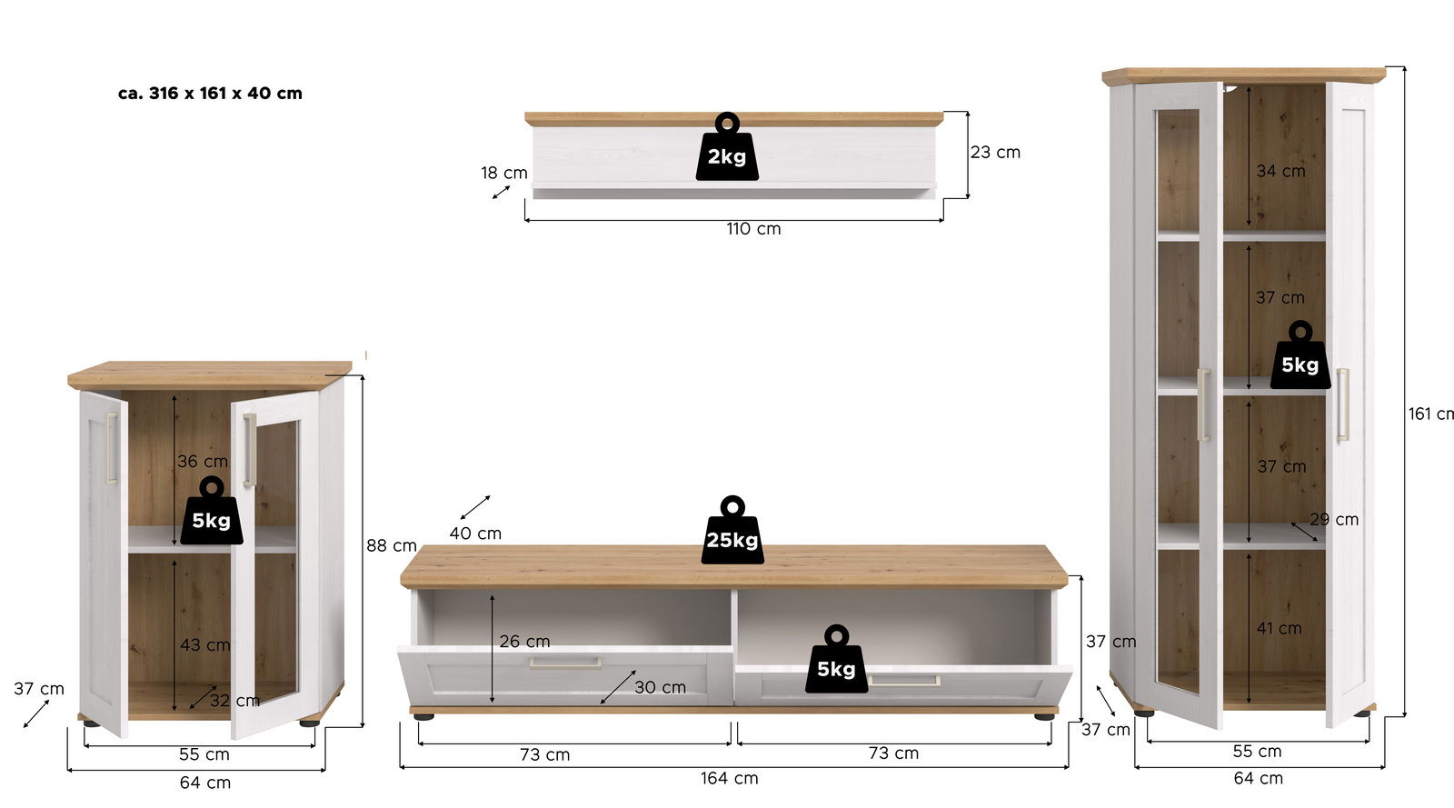 Wohnkombination bestehend aus einem hohen Schrank, einem niedrigen Schrank, einem TV-Board und einem Wandregal, in einer frontalen Ansicht. Die Möbel sind in Weiß mit Holzoberflächen gestaltet und bieten verschiedene Stauraummöglichkeiten.