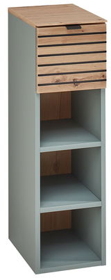 Hängeregal Voleo DIANA in Frontansicht mit Holzoptik und grauen Fächern