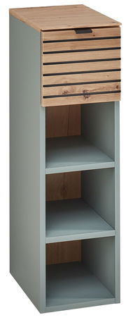 Hängeregal Voleo DIANA in Frontansicht mit Holzoptik und grauen Fächern