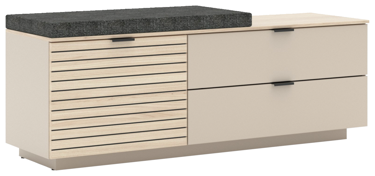 Moderne Bank mit gepolstertem Sitzkissen, Holzlamellen auf der linken Seite und zwei Schubladen auf der rechten Seite, seitliche Perspektive