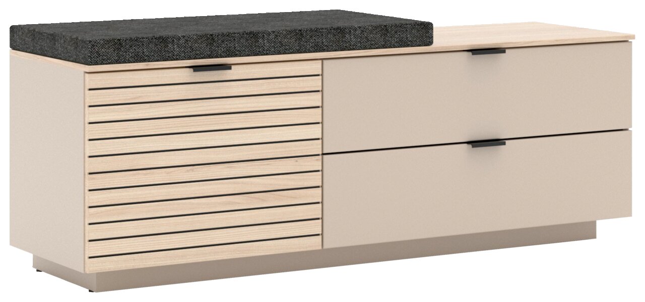 Voleo XL-Bank INA Moderne Bank mit gepolstertem Sitzkissen, Holzlamellen auf der linken Seite und zwei Schubladen auf der rechten Seite, seitliche Perspektive