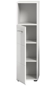 Weißer Standschrank mit drei offenen Fächern und einer teilweise geöffneten Tür, Frontalansicht