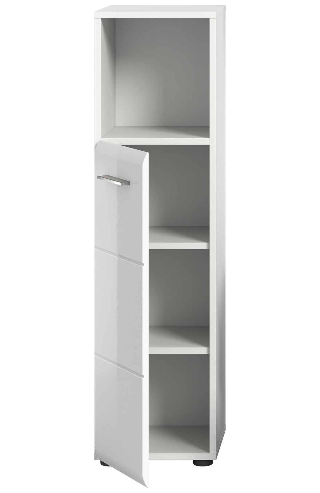 Weißer Standschrank mit drei offenen Fächern und einer teilweise geöffneten Tür, Frontalansicht