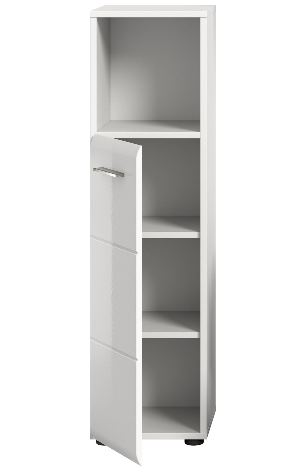 Weißer Standschrank mit drei offenen Fächern und einer teilweise geöffneten Tür, Frontalansicht