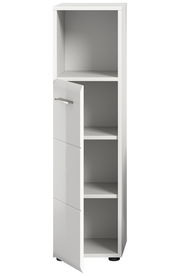 Weißer Standschrank mit drei offenen Fächern und einer teilweise geöffneten Tür, Frontalansicht