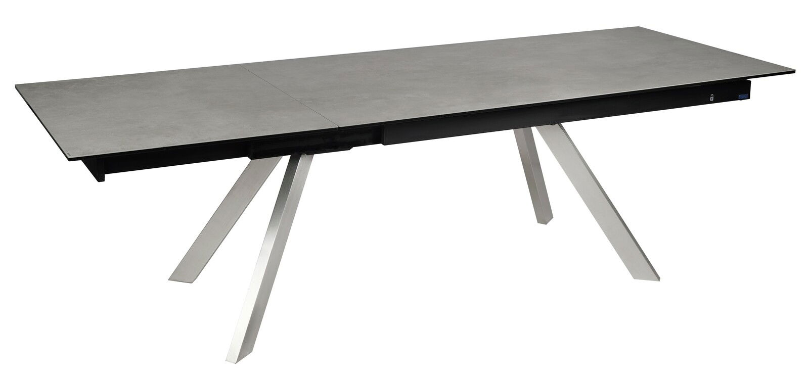 Moderner Esstisch mit grauer Tischplatte und schrägen Metallbeinen, seitliche Perspektive