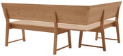 Rückansicht einer Eckbank aus Holz mit klaren Linien und natürlicher Holzmaserung.