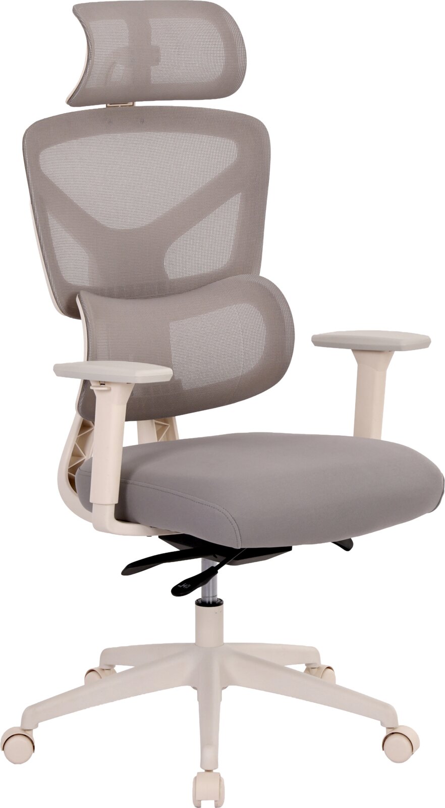 Novel Draaistoel ROLF Grijze ergonomische bureaustoel met ademende mesh rugleuning, verstelbare hoofdsteun en armleuningen op wit onderstel met wieltjes, frontaanzicht