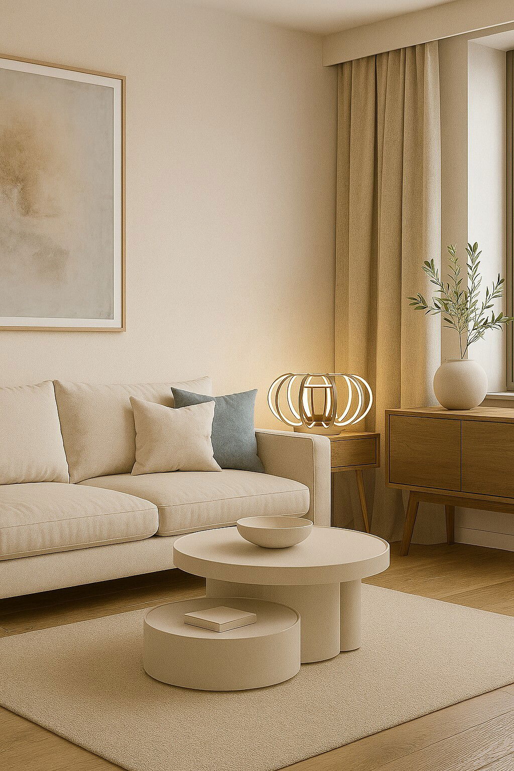 Moderne Tischleuchte mit Holzrahmen und warmem Licht auf einem Beistelltisch in einem gemütlichen Wohnzimmer, seitliche Perspektive.