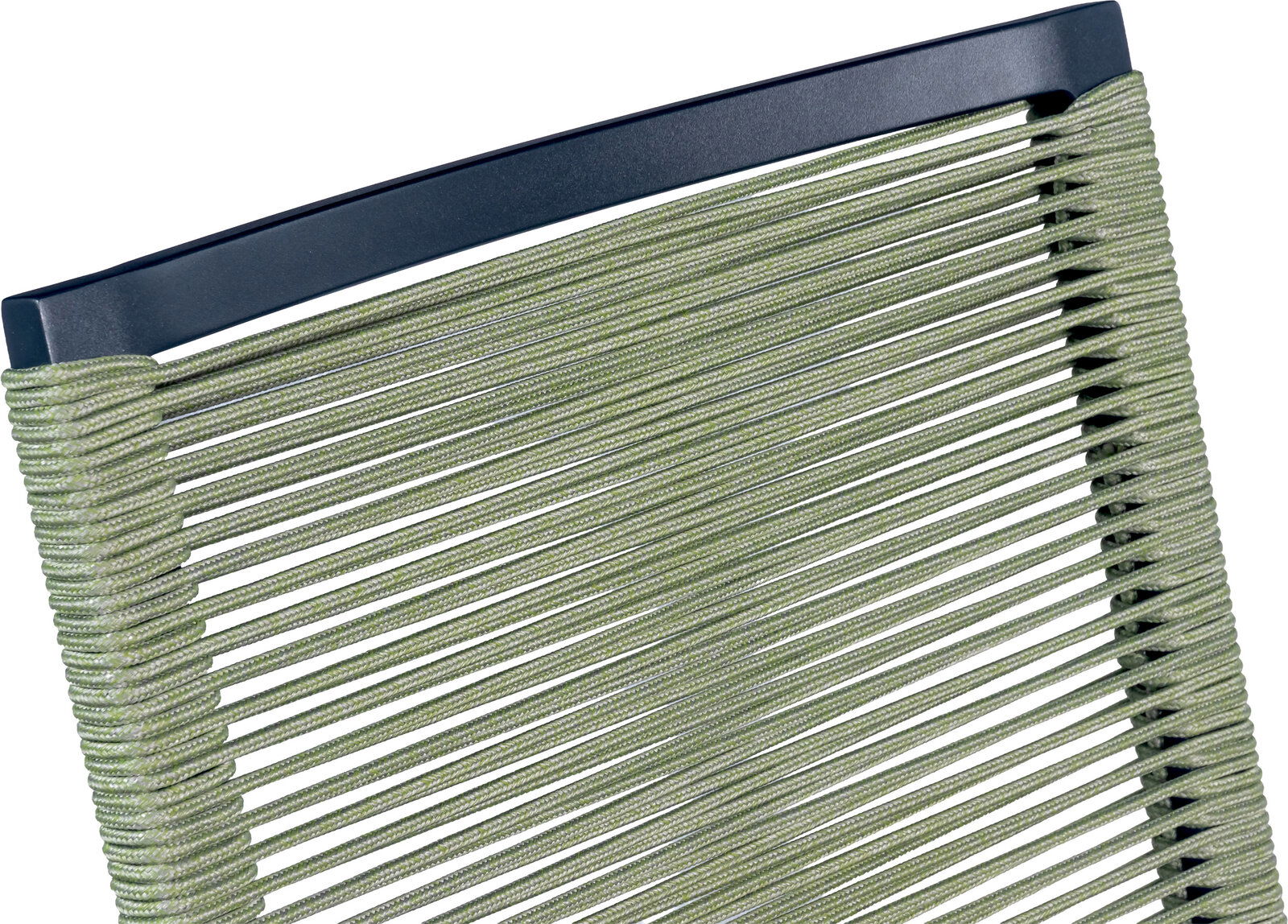 Nahaufnahme der Rückenlehne eines Stuhls mit olivgrüner Kordelbespannung und dunkelblauem Rahmen, schräg von vorne oben fotografiert.