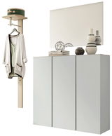 Garderobenset mit weißem Schrank, Spiegel und Wandgarderobe, seitliche Perspektive