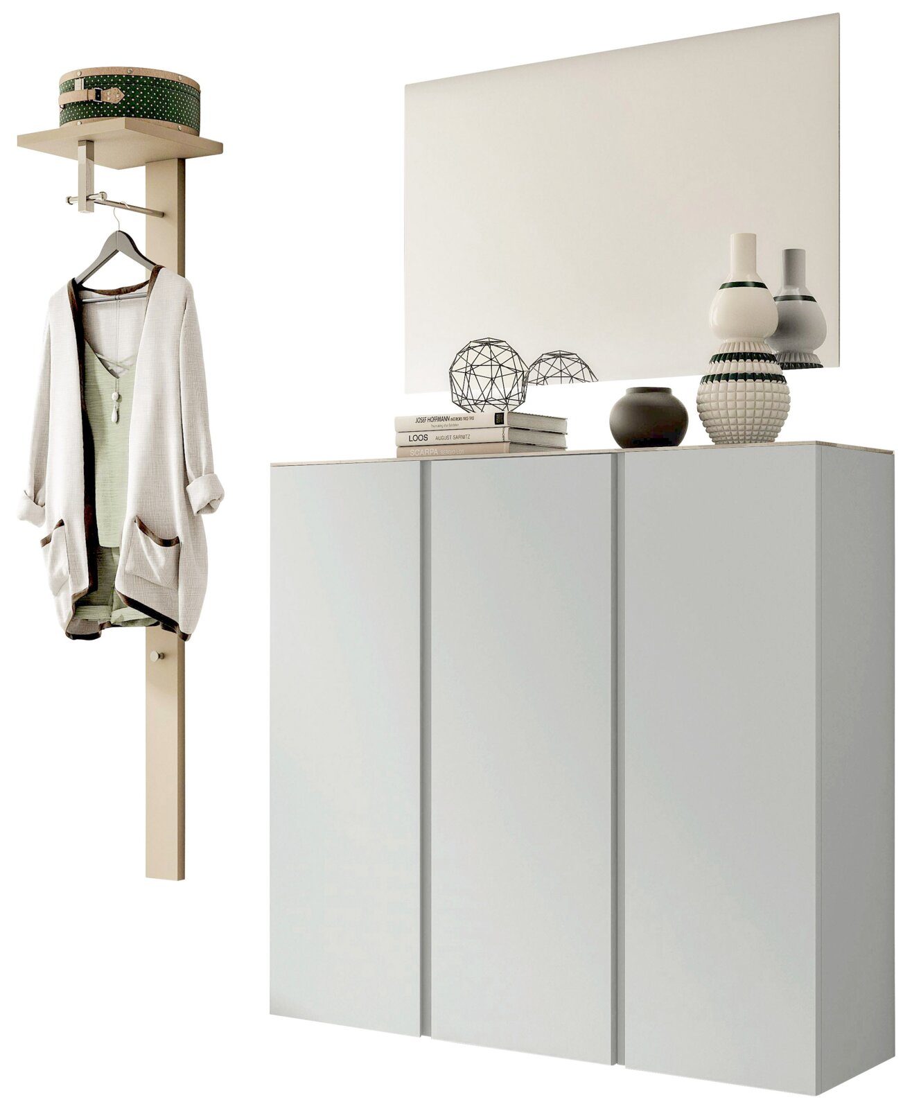 Garderobenset mit weißem Schrank, Spiegel und Wandgarderobe, seitliche Perspektive