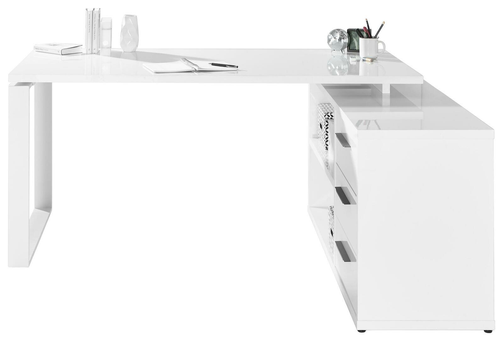 Moderner weißer Eck-Schreibtisch mit glänzender Oberfläche, Schubladen und Regalfächern, seitliche Perspektive.