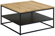 Moderner Couchtisch mit Holzplatte und schwarzem Metallgestell, seitliche Perspektive