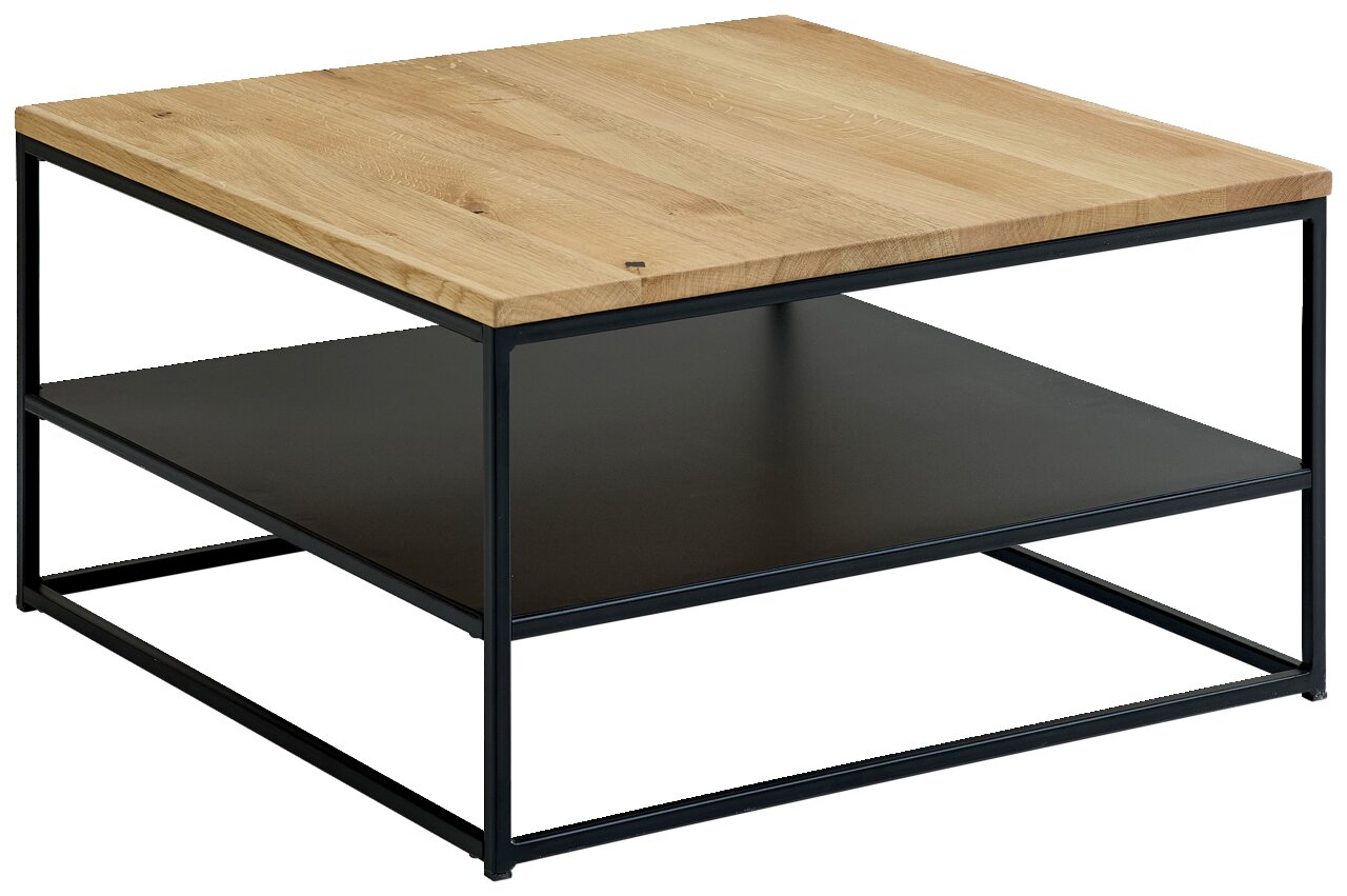 Moderner Couchtisch mit Holzplatte und schwarzem Metallgestell, seitliche Perspektive