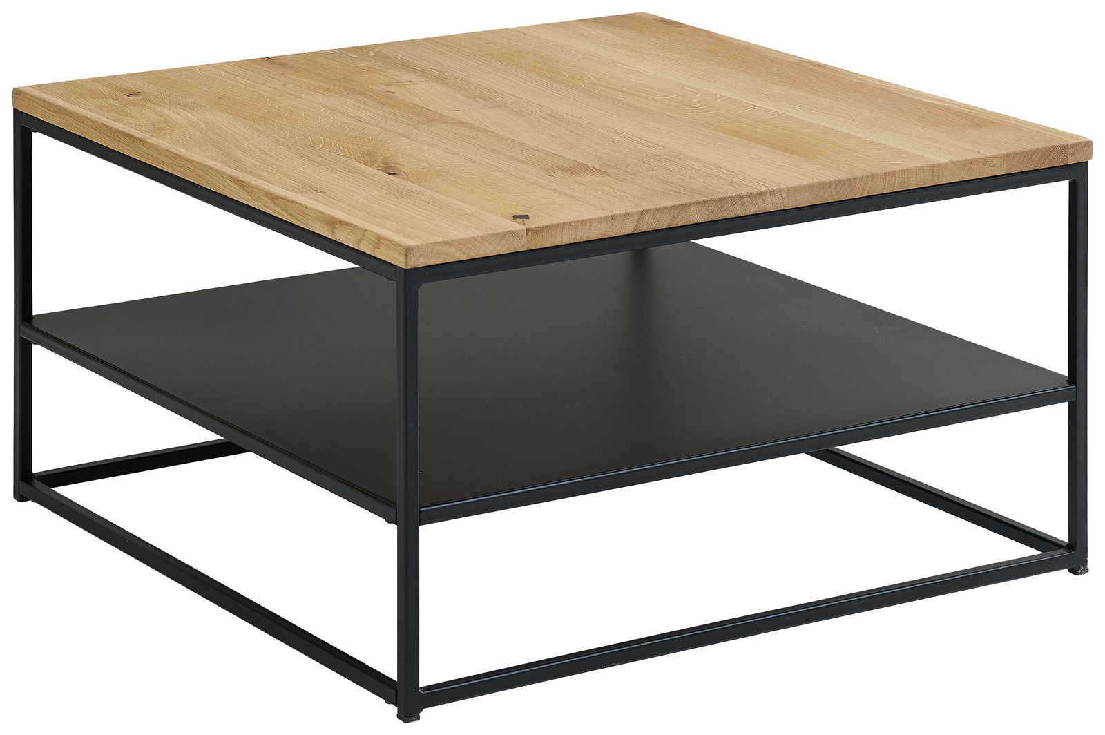 Moderner Couchtisch mit Holzplatte und schwarzem Metallgestell, seitliche Perspektive