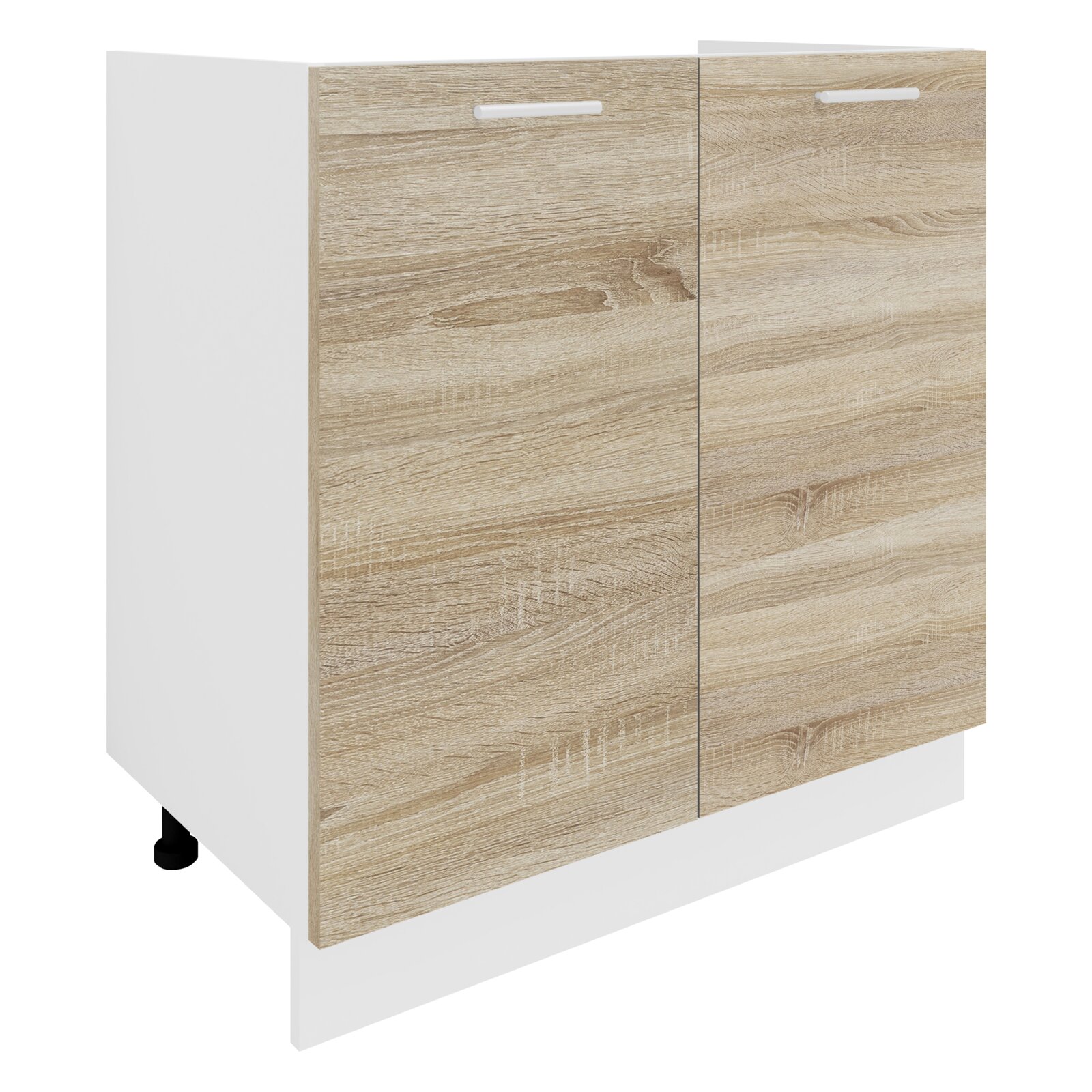 Unterschrank mit zwei Türen in Eiche-Optik und weißem Korpus, mit schlanken weißen Griffen, in schräger Frontansicht von links freigestellt