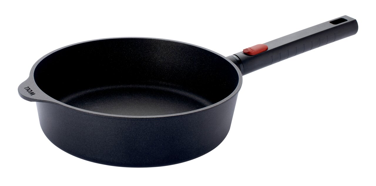 Guss-Hochrandpfanne 28cm Eco L mit langem Griff, seitliche Perspektive