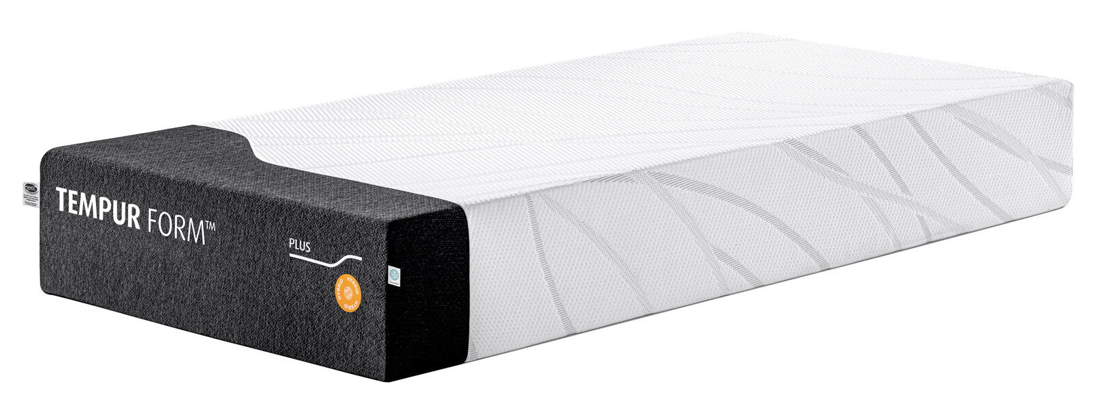 Tempur Viscomatratze 90x210 hybrid FORM PLUS HYBRID Seitliche Ansicht einer Viscomatratze 90x210 hybrid mit grauem und weißem Bezug, Markenname TEMPUR FORM sichtbar.
