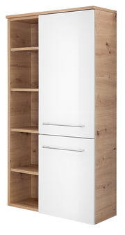 Moderner Midischrank mit weißer Hochglanzfront und Holzoptik, seitliche Regalfächer, Frontalansicht