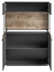 Frontale Ansicht eines Highboards von Set one by Musterring, Modell LANCASTER, mit offenen Türen und sichtbaren Regalböden in Holzoptik.