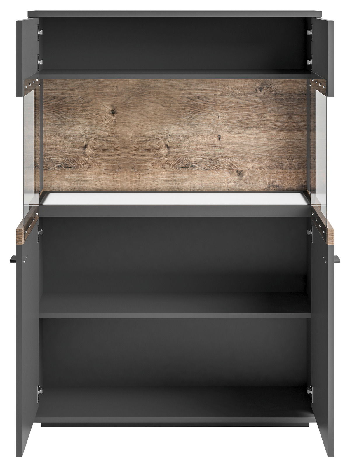 Set one by Musterring Highboard SET ONE LANCASTER Frontale Ansicht eines Highboards von Set one by Musterring, Modell LANCASTER, mit offenen Türen und sichtbaren Regalböden in Holzoptik.