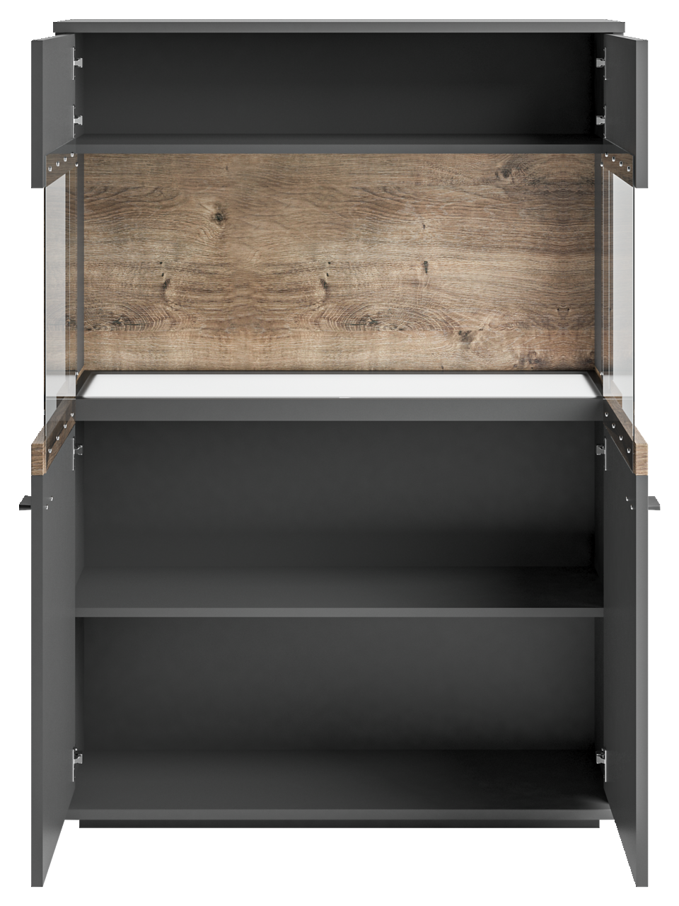 Frontale Ansicht eines Highboards von Set one by Musterring, Modell LANCASTER, mit offenen Türen und sichtbaren Regalböden in Holzoptik.