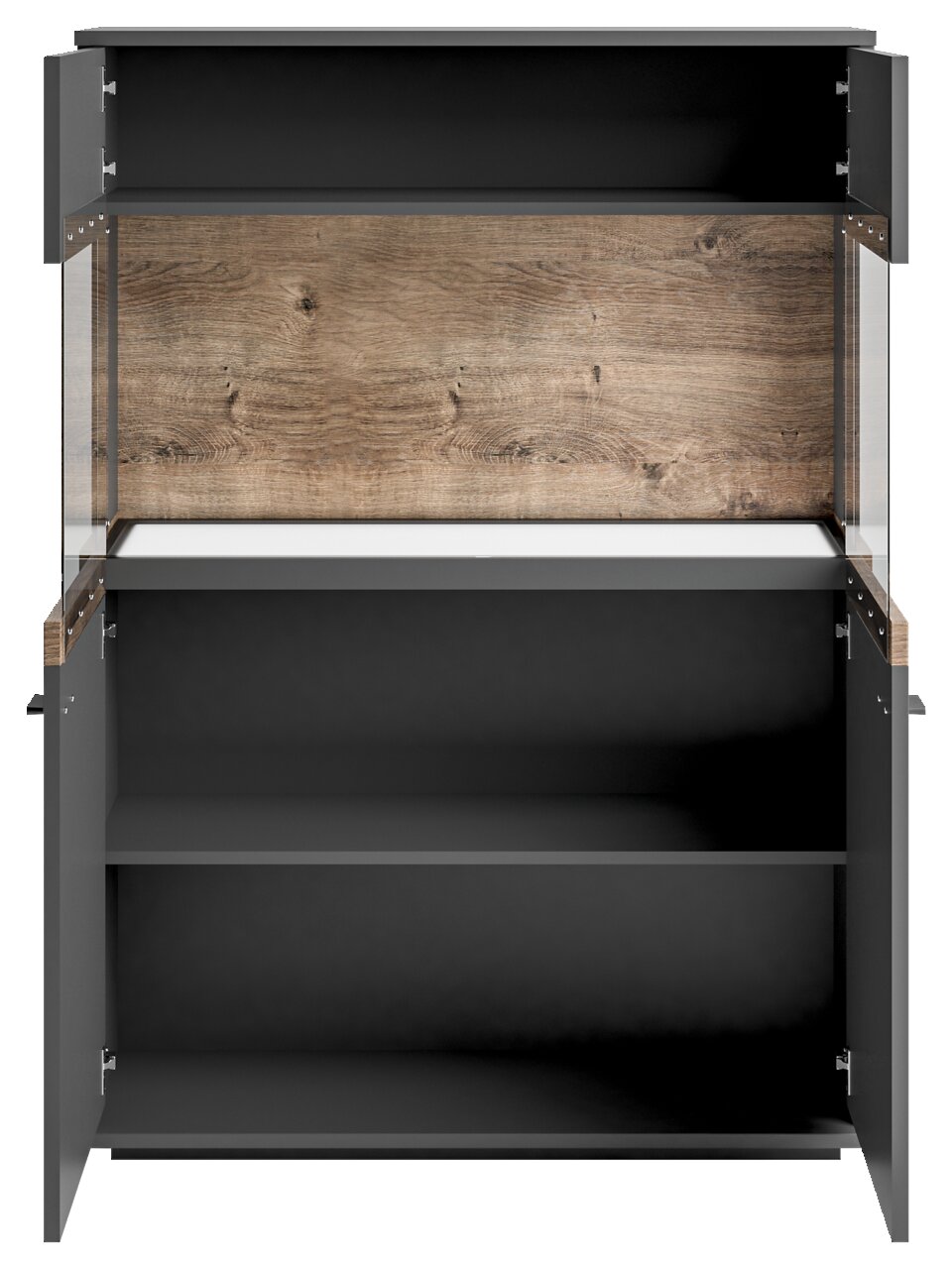 Set one by Musterring Highboard SET ONE LANCASTER Frontale Ansicht eines Highboards von Set one by Musterring, Modell LANCASTER, mit offenen Türen und sichtbaren Regalböden in Holzoptik.