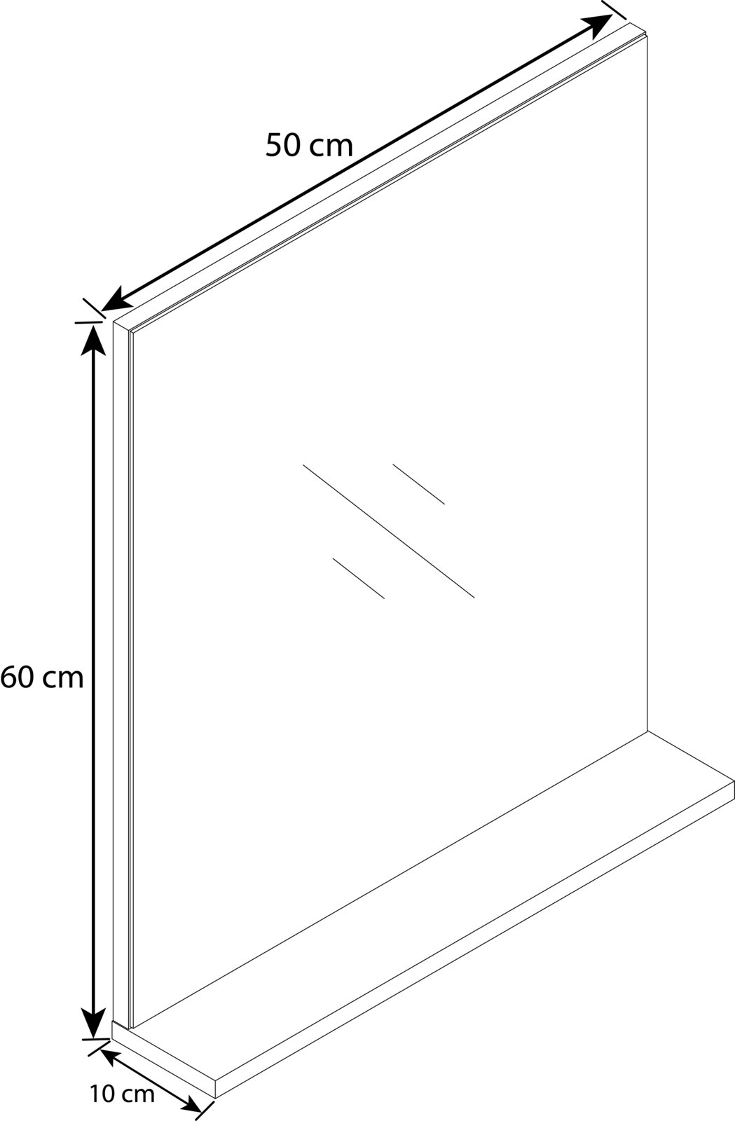 Schlichtes, rechteckiges Wandregal/Display mit Rückwand und Bodenplatte, Maße ca. 60 cm hoch, 50 cm breit und 10 cm tief, in schräger 3D-Perspektive von vorne links dargestellt