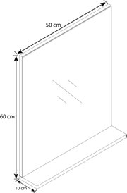 Schlichtes, rechteckiges Wandregal/Display mit Rückwand und Bodenplatte, Maße ca. 60 cm hoch, 50 cm breit und 10 cm tief, in schräger 3D-Perspektive von vorne links dargestellt