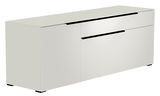 Weißes TV-Lowboard mit zwei Schubladen und einer Tür, seitliche Perspektive