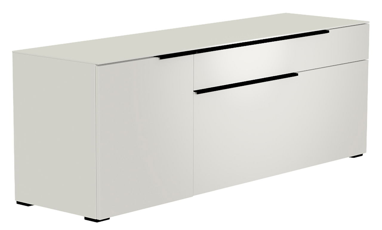 Weißes TV-Lowboard mit zwei Schubladen und einer Tür, seitliche Perspektive