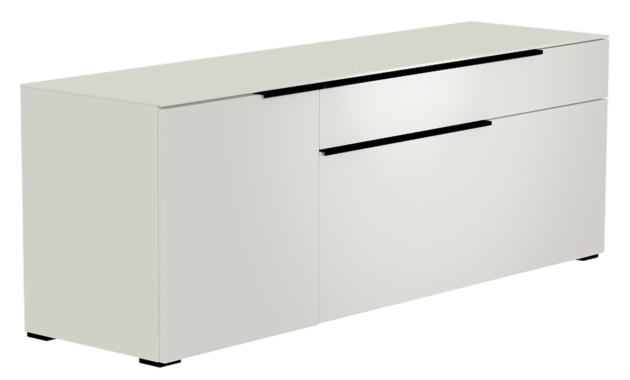 Moderano TV-Lowboard BORMIO Weißes TV-Lowboard mit zwei Schubladen und einer Tür, seitliche Perspektive