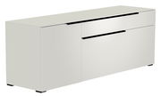 Weißes TV-Lowboard mit zwei Schubladen und einer Tür, seitliche Perspektive