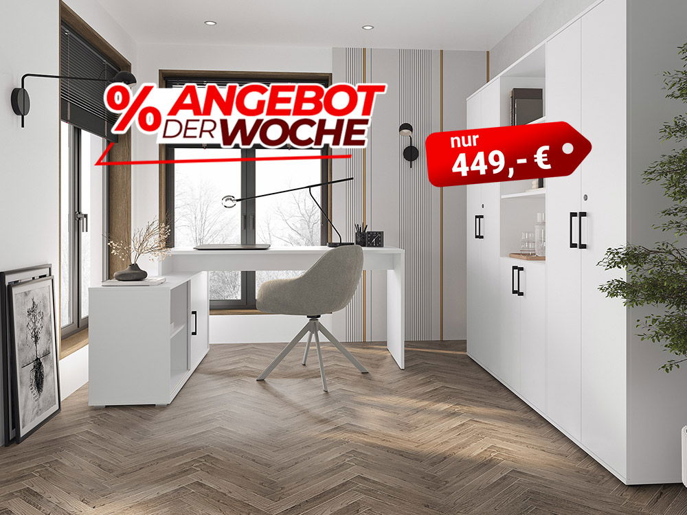 Modernes Homeoffice-Set mit Schreibtisch, Schrank und Sideboard in Weiß – Aktionspreis nur 449 €