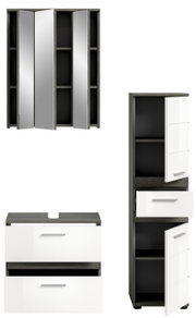 Badezimmermöbel-Set bestehend aus einem Spiegelschrank, einem Waschtischunterschrank und einem Hochschrank, frontal abgebildet.